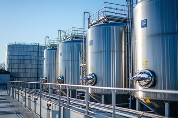 Row of Industrial Stainless Steel Storage Tanks