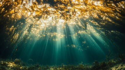 Fototapeta premium Sunbeams Illuminating Kelp Forest Underwater