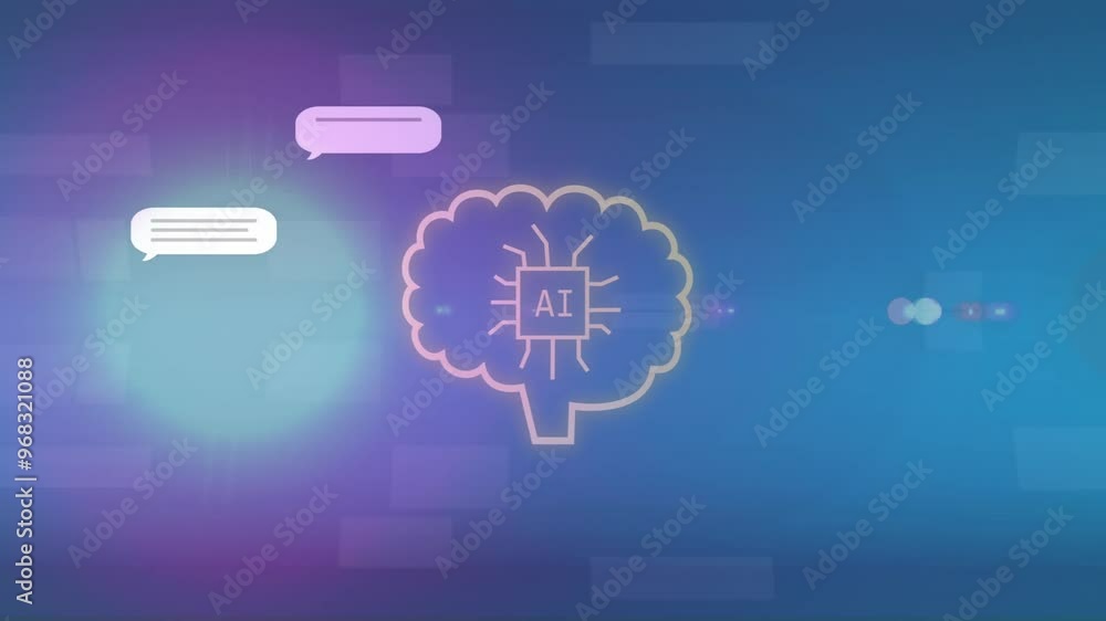 Poster animation of brain with ai and icons over light spots on blue background