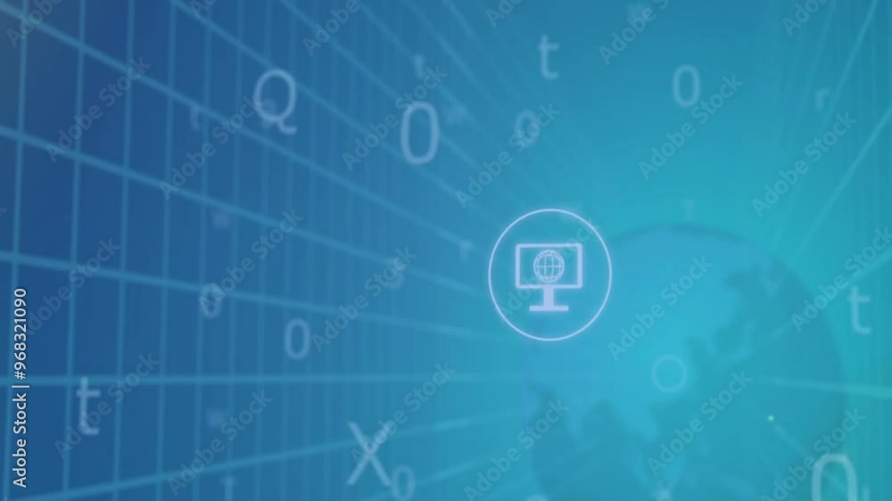 Poster animation of data processing with icons over globe on blue background