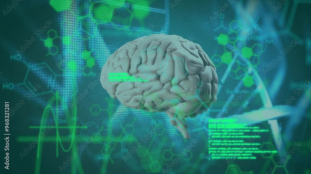 Poster animation of data processing with digital brain and chemical formula over dna on black background