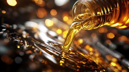A close-up of a motor oil bottle being poured into a car engine, with the liquid glistening.