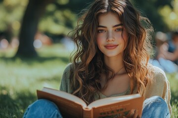 Obraz premium A young woman with long curly hair sits in a park and reads a book