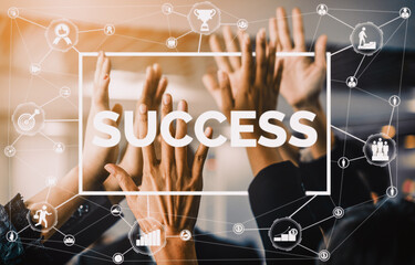 Achievement and Business Goal Success Concept - Creative business people with icon graphic...