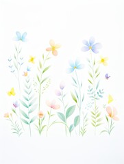 A vibrant illustration featuring delicate, colorful flowers blooming against a soft white background, perfect for diverse designs.