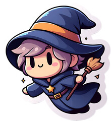 Cute cartoon witch with a broom and a big smile