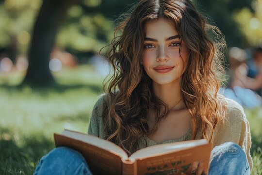 A young woman with long curly hair sits in a park and reads a book