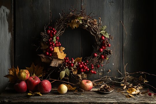 Crafting a festive autumn wreath with seasonal decor and natural elements in a rustic atmosphere