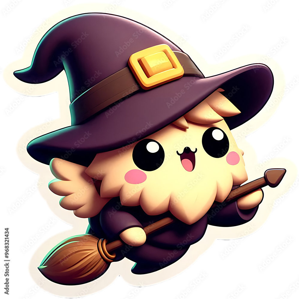 Sticker Cute Cartoon Witch Flying on a Broom for Halloween