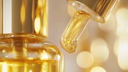 A close-up of luxury face oil in a dropper bottle, with the golden liquid catching light in a minimalist background.