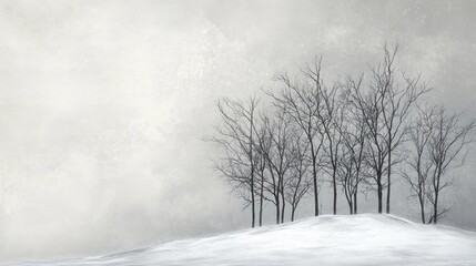 Obraz premium A winter scene of bare trees standing in a snowy landscape, their branches reaching toward the gray sky.