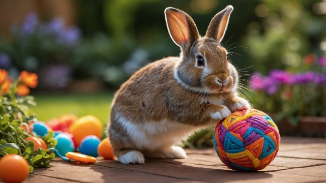 A happy rabbit with a new ball toy in a colorful garden