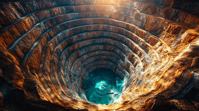 gold mining operation in a remote location, showcasing heavy machinery, workers, and natural surroundings. It highlights the extraction process and the industry's impact on the environment and economy