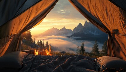 Sunrise view from a tent in the mountains