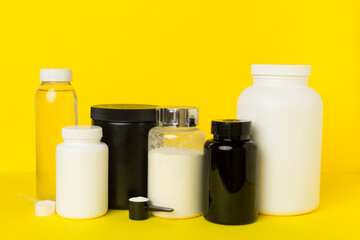 Jar with protein powder on color background. Sports nutrition concept