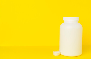 Hands making shake with whey protein. Fitness and gym diet nutrition