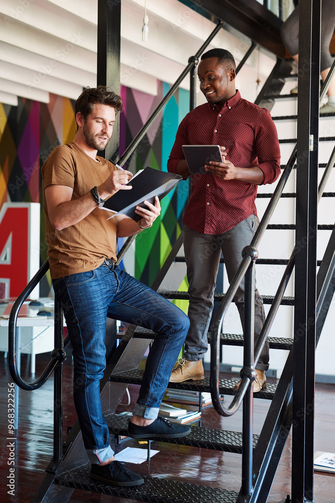 Aufkleber design, documents and tablet with business men in creative workplace together for meeting or talking