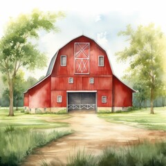 Quaint Red Barn in Pastoral Countryside: Illustration of Rustic Farm Building Amid Greenery
