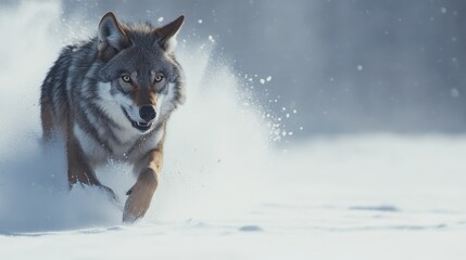 A wolf running through the snow, its breath visible in the cold air as it moves swiftly across the landscape.