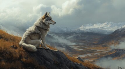 Obraz premium A wolf sitting on a hillside, overlooking a vast valley below with a look of quiet contemplation.