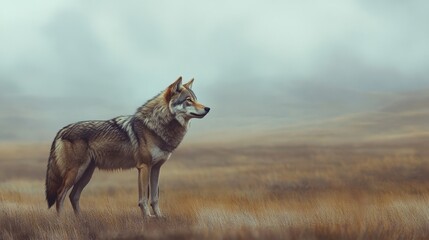 A wolf standing alone in a vast, open field, with the wind blowing through its fur.