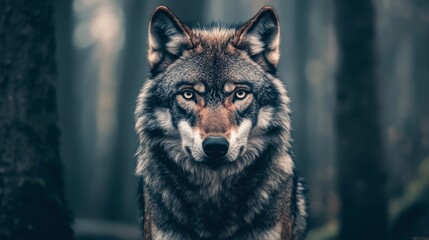 Fototapeta premium A wolf staring directly into the camera, with a background of deep, dense forest.