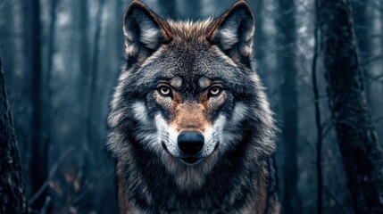 Fototapeta premium A wolf staring directly into the camera, with a background of deep, dense forest.