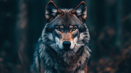 A wolf staring directly into the camera, with a background of deep, dense forest.