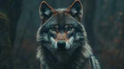 Fototapeta premium A wolf staring directly into the camera, with a background of deep, dense forest.