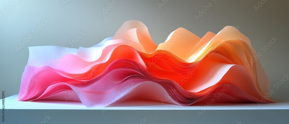 Sticker abstract paper sculpture of wavy layers in pink, orange, and red