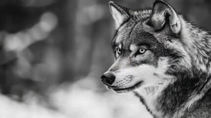 Obraz premium A wolf with its head turned, listening intently to sounds in the distance, ready to react.