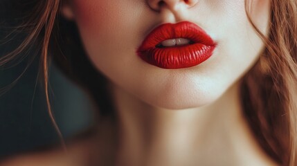 A woman blowing a kiss, her lips covered in bright red lipstick, with a slight smudge for an effortless look.