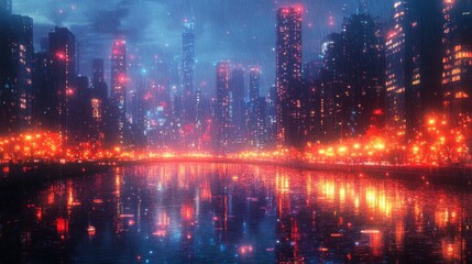 Rain-soaked Cityscape with Red Lights and Reflections