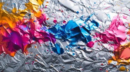 Abstract Artwork of Colorful Paint Splashes on Crumpled Aluminum Foil