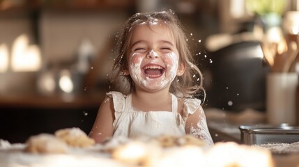 A young girl baking cookies in the kitchen, her face covered in flour and filled with laughter.