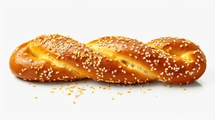A twisted bread topped with sesame seeds isolated on white background, showcasing a golden-brown crust and a soft interior, perfect for snacking or meals.