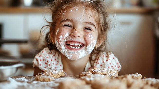 A young girl baking cookies in the kitchen, her face covered in flour and filled with laughter.