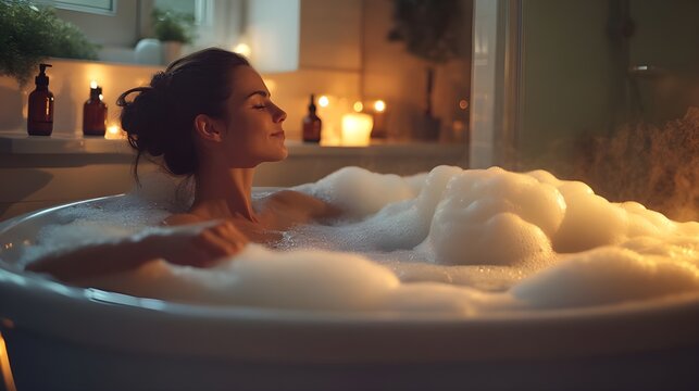 A serene stock photo of a woman enjoying a bubble bath in a dimly lit bathroom, surrounded by candles and essential oils.