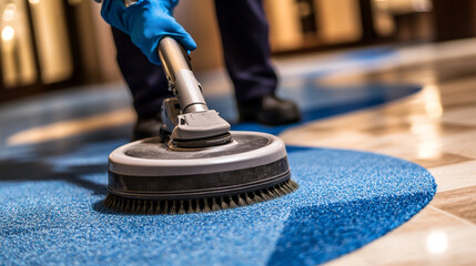 janitorial staff member uses a focused round cleaner machine to polish a large floor. The machine is operated with precision, ensuring a spotless, shiny surface in a clean environment