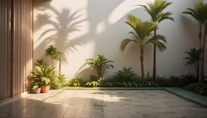 Fototapeta premium A tropical outdoor patio with palm trees, lush greenery, and a tiled floor. The scene is bathed in warm, golden sunlight filtering through the foliage