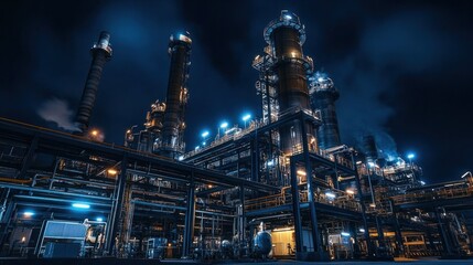 A refinery at night, with lights illuminating the pipes and towers against the dark sky.