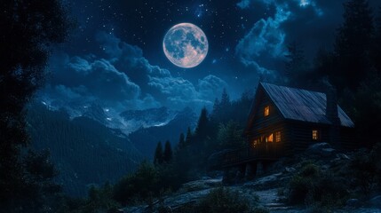 The Moon high in the sky above a remote cabin, with the surrounding wilderness bathed in moonlight.