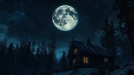 The Moon high in the sky above a remote cabin, with the surrounding wilderness bathed in moonlight.