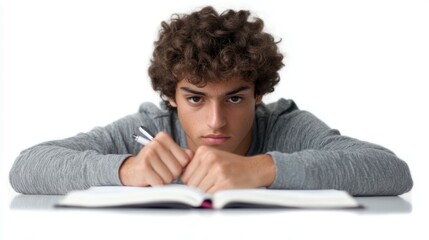 Fototapeta premium Medium shot of a focused student, their brow furrowed in concentration as they study intently, isolated on a white background