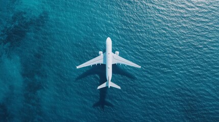 An aerial view of an airplane flying over a clear blue ocean.