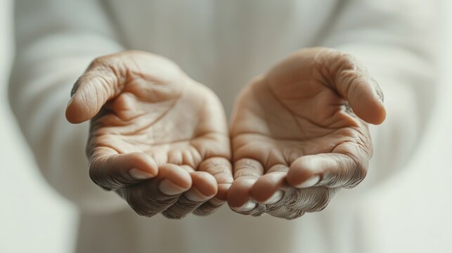Medium shot of a compassionate caregiver, their gentle expression and outstretched hands conveying empathy, isolated on a white background