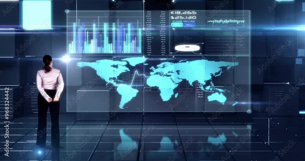 Poster animation of caucasian woman touching digital screen with data processing on black background