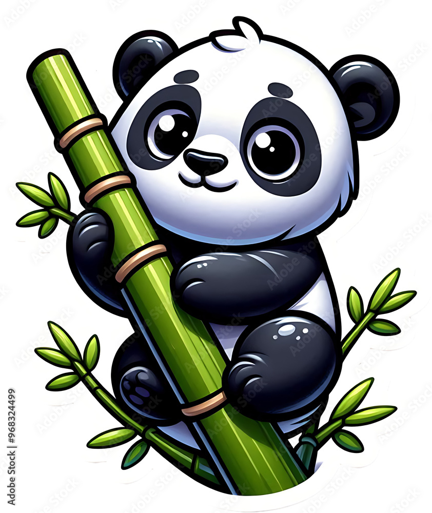 Sticker Cute Cartoon Panda Holding Bamboo Illustration