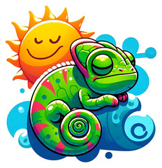Obraz premium Cute cartoon chameleon sleeping in the sun, colorful illustration for kids and adults