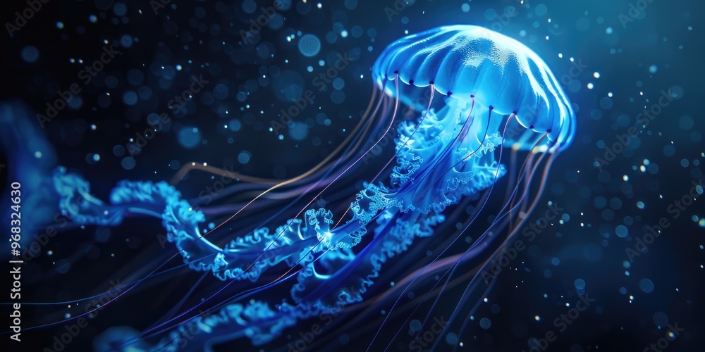 Sticker Close up of a luminous blue jellyfish with its delicate tentacles flowing gracefully emitting a captivating yet haunting glow that mesmerizes the ocean s depths